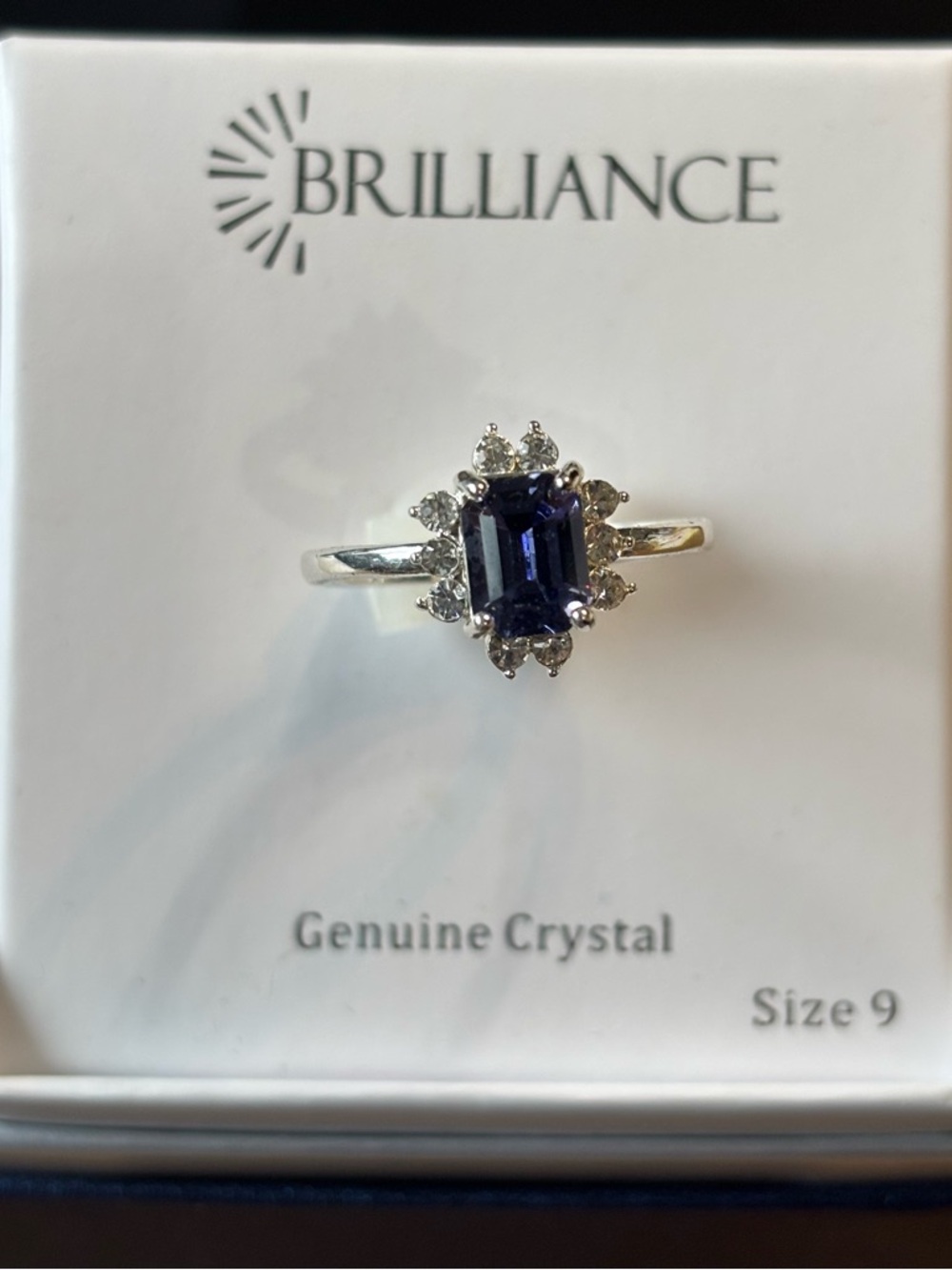 Brilliance Blue Crystal Ring, Silver Plated, Size 9